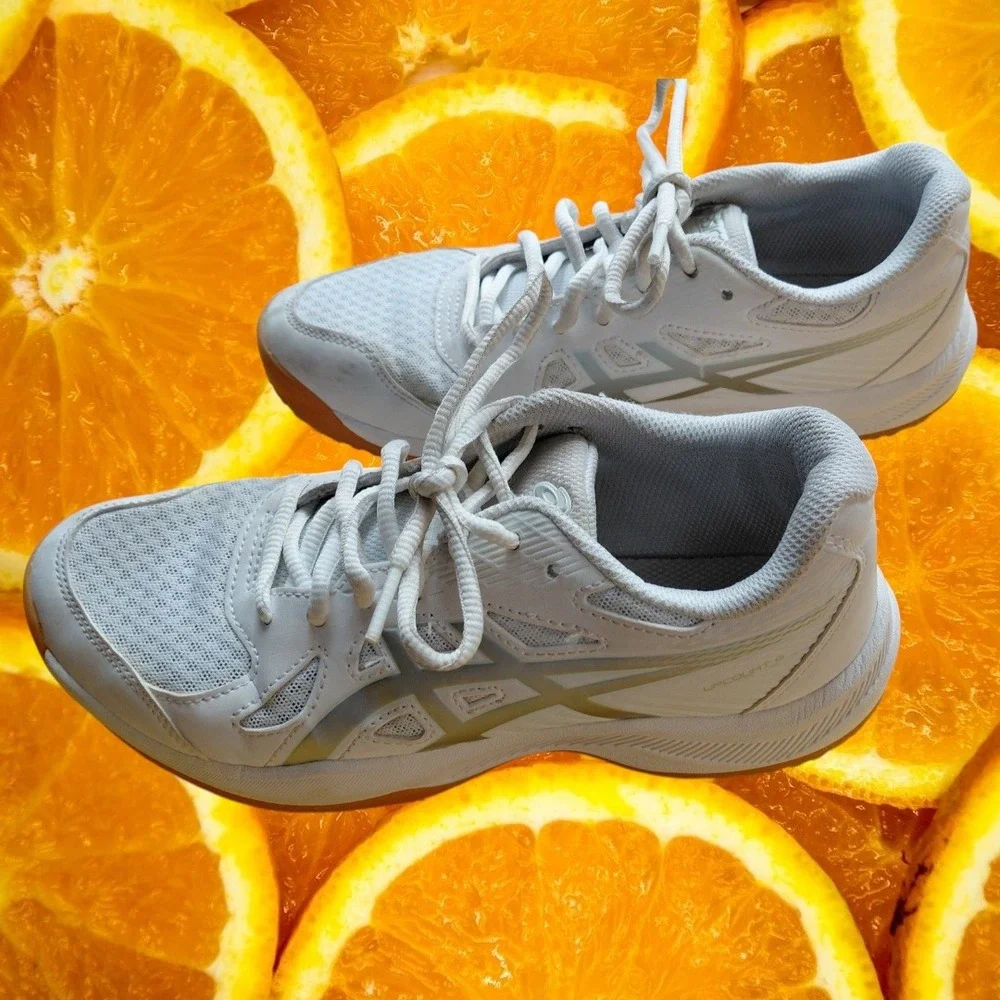 Asics Upcourt 5 Womens Volleyball‎ Shoes White Silver 1072A107 Size 7 Gum Sole